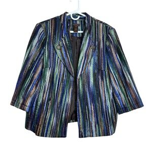Multiples Womens XL Blue Green‎ Striped Open Front Blazer Jacket Chunky Yarn